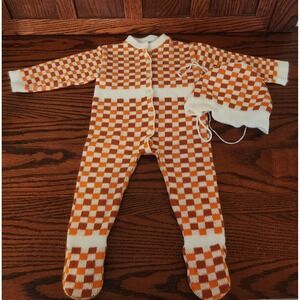 Vintage Lazarus Columbus Baby Footed Pajamas Orange White Checked‎ With Hat
